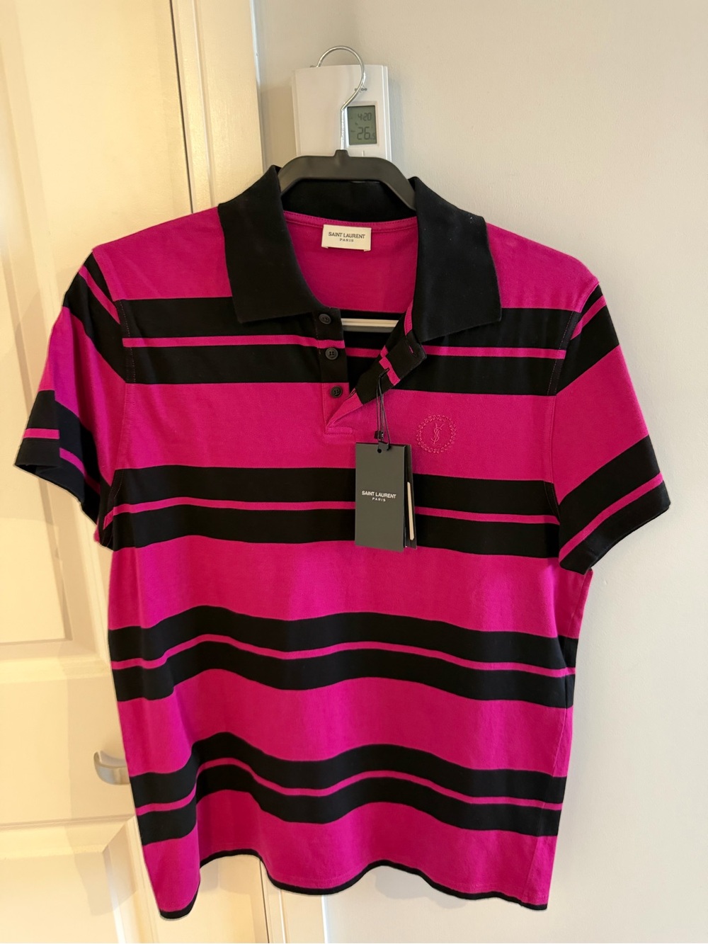 Saint Laurent Black & Pink Horizontal Stripe Polo